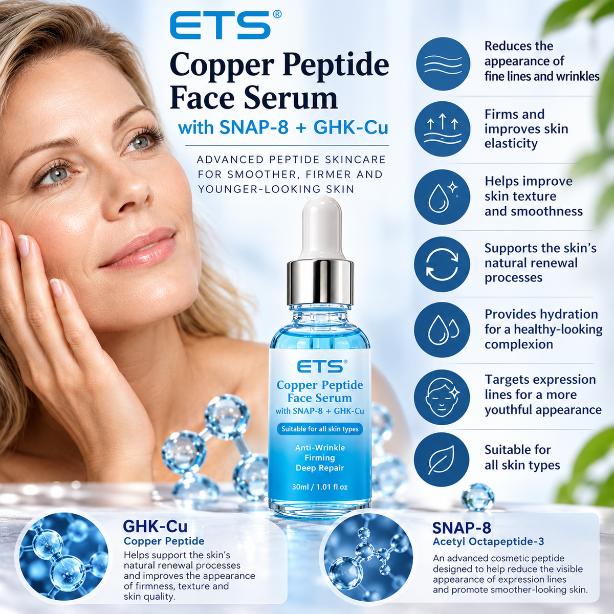 ETS Copper Peptide Face Serum with SNAP 8 and GHK-CU 30ml