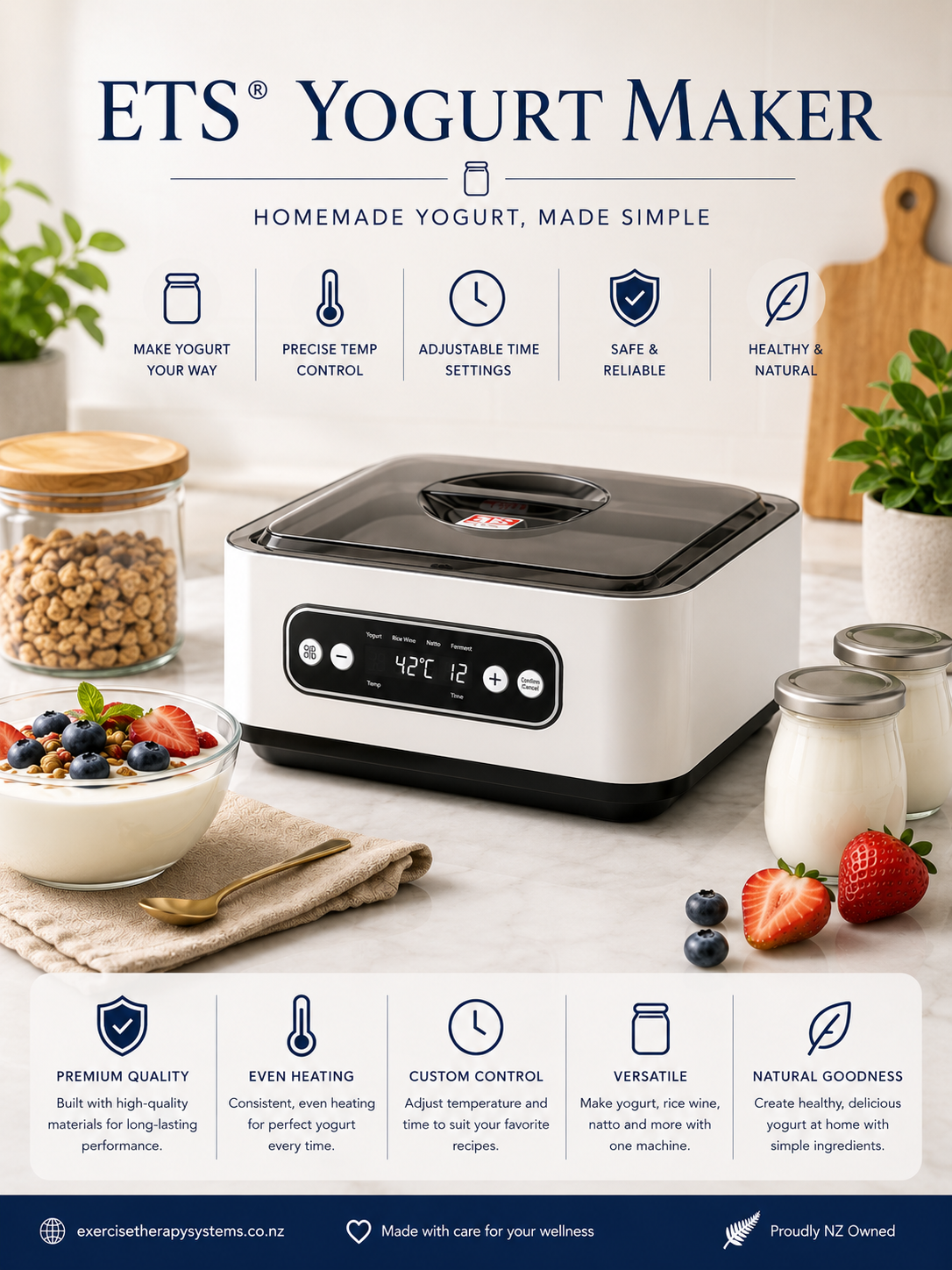 ETS 1.4L Automatic Yogurt (yoghurt) Maker (includes stainless steel inner bowl and 9 glass cups)